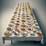 plates of food on a long plain table